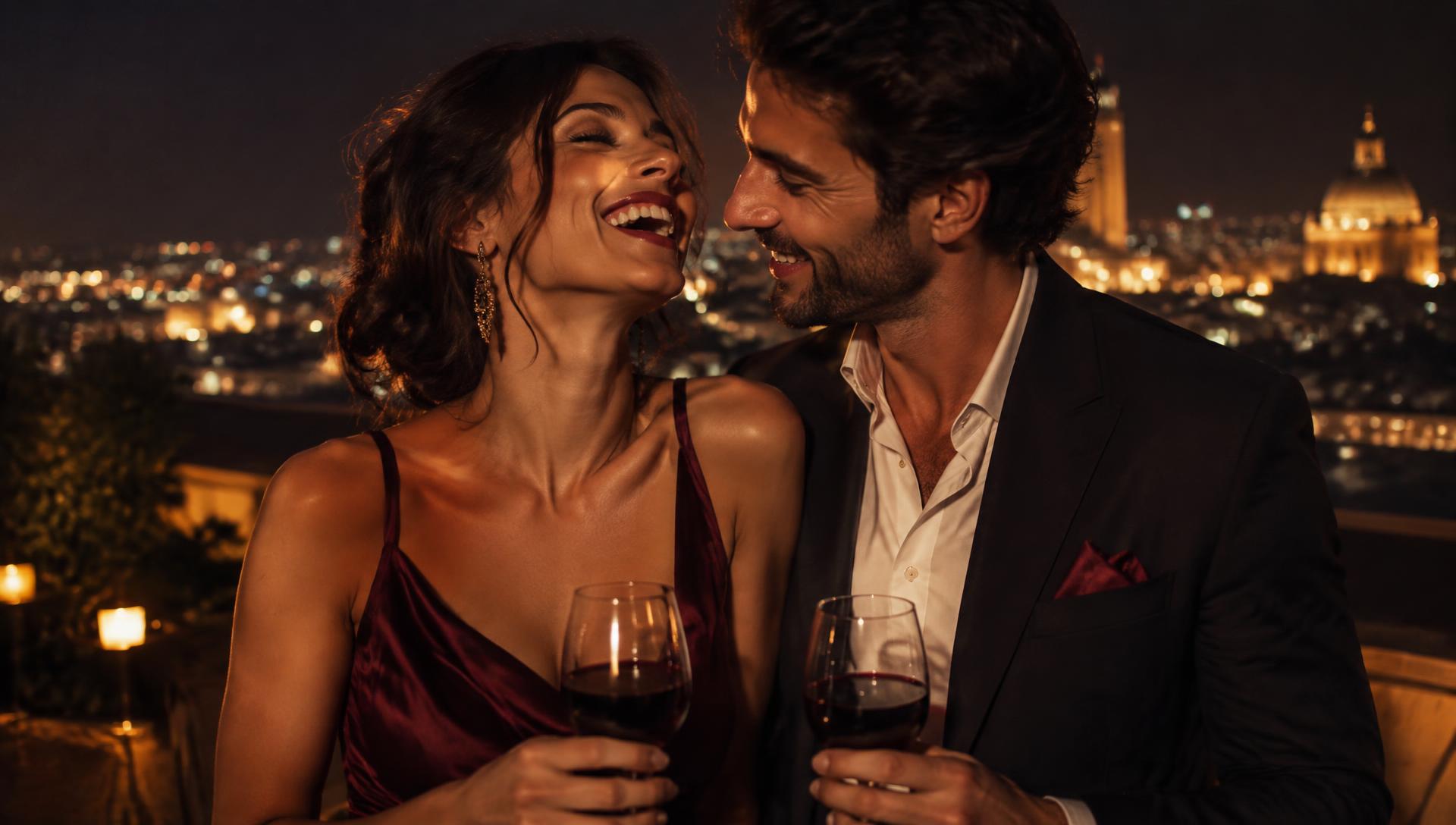Adult couple laughing on a terrace at night